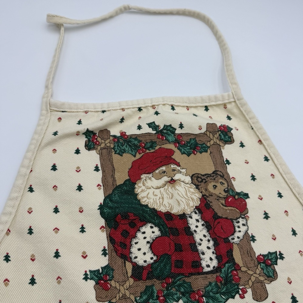 Vtg Holiday Full Length Apron 100‎ Cotton Santa Teddy Bear Christmas 1990s